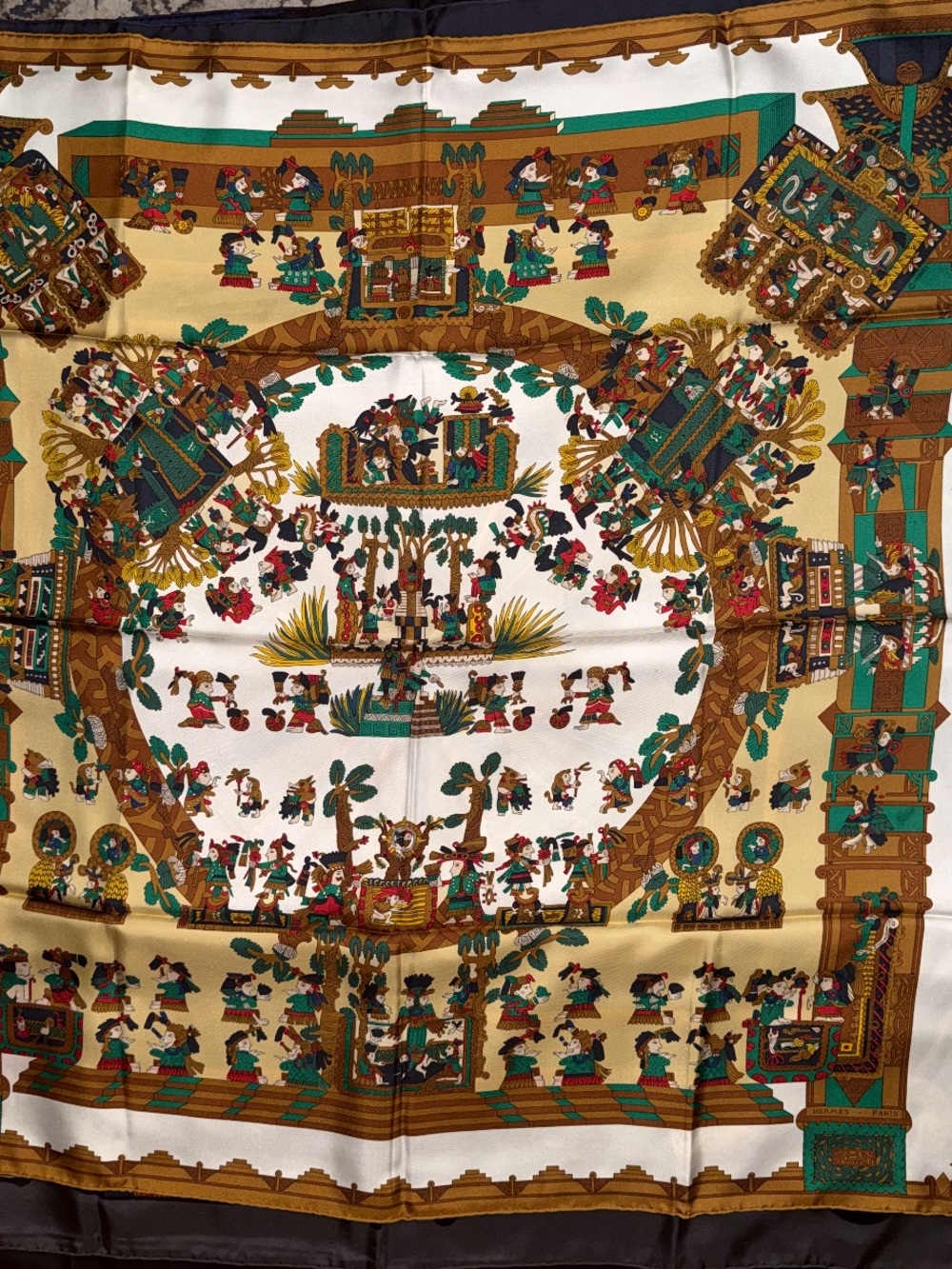 Hermes Silk Scarf with Green, Gold, White and Brown Folk Motif